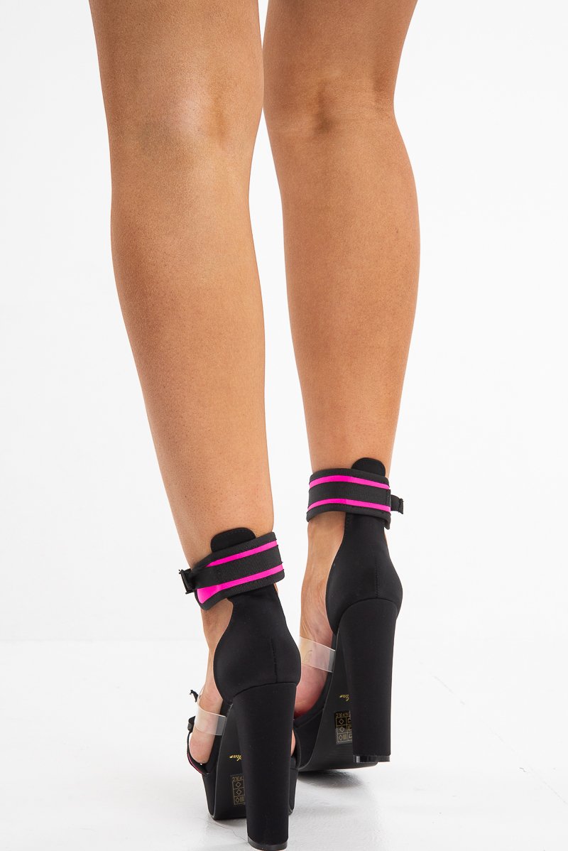 Pink Black Buckle Fastening Block Heel - Aloe-Heels