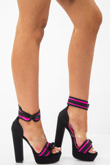 Pink Black Buckle Fastening Block Heel - Aloe-Heels