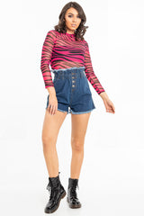 Pink Black Zebra Mesh High Neck Long Sleeved Top - Soleil-Tops