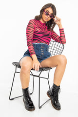 Pink Black Zebra Mesh High Neck Long Sleeved Top - Soleil-Tops
