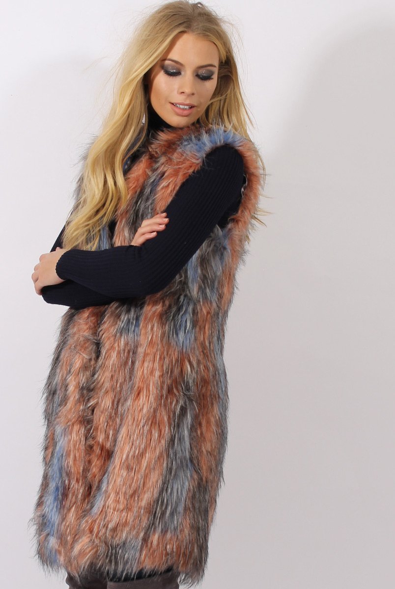 Pink & Blue Faux Fur Long Gilet - Britt-Jackets