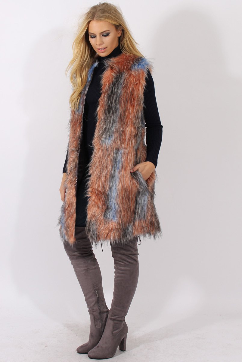 Pink & Blue Faux Fur Long Gilet - Britt-Jackets