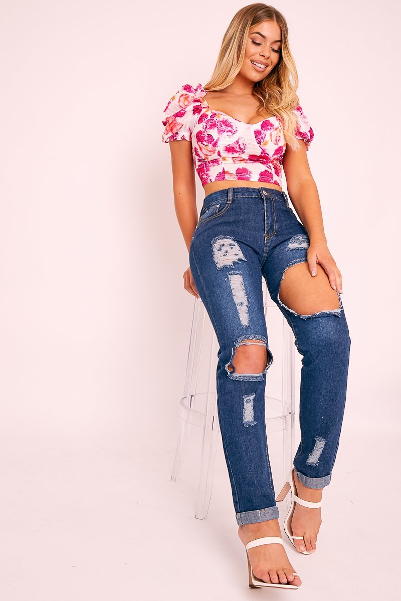 Pink Bold Floral Corset Crop Top - Ivonne-Crop Tops