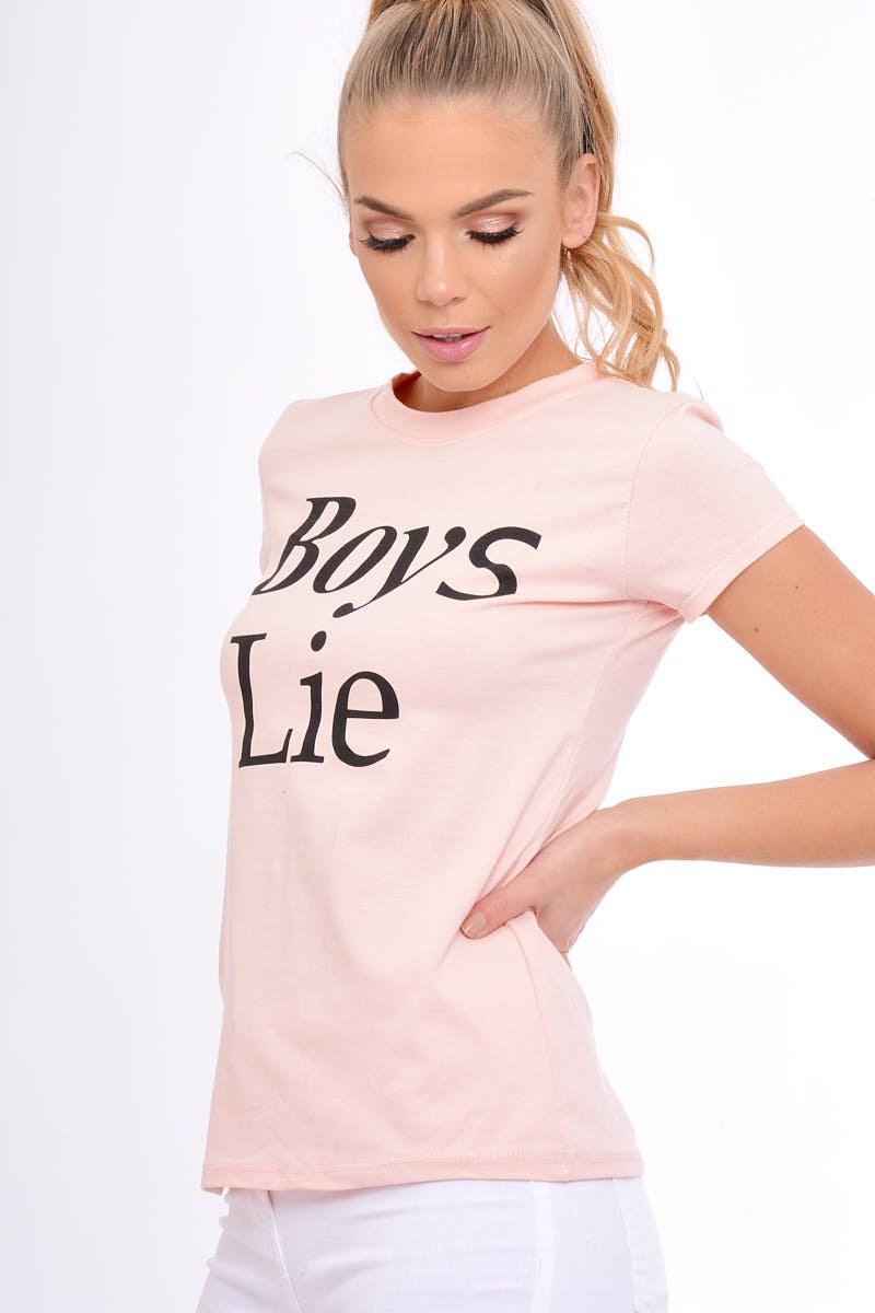 Pink Boys Lie Slogan T-Shirt-Tops