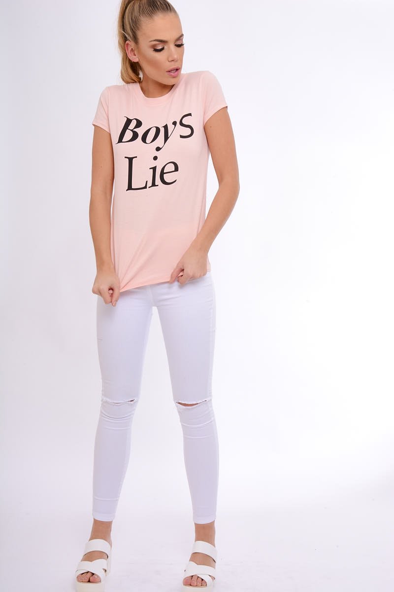 Pink Boys Lie Slogan T-Shirt-Tops