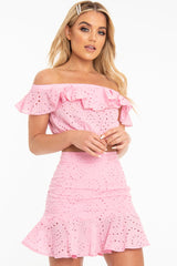 Pink Broderie Lace Bardot Crop Top Skirt Co-Ord - Dahlia-Co-ords