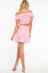 Pink Broderie Lace Bardot Crop Top Skirt Co-Ord - Dahlia-Co-ords