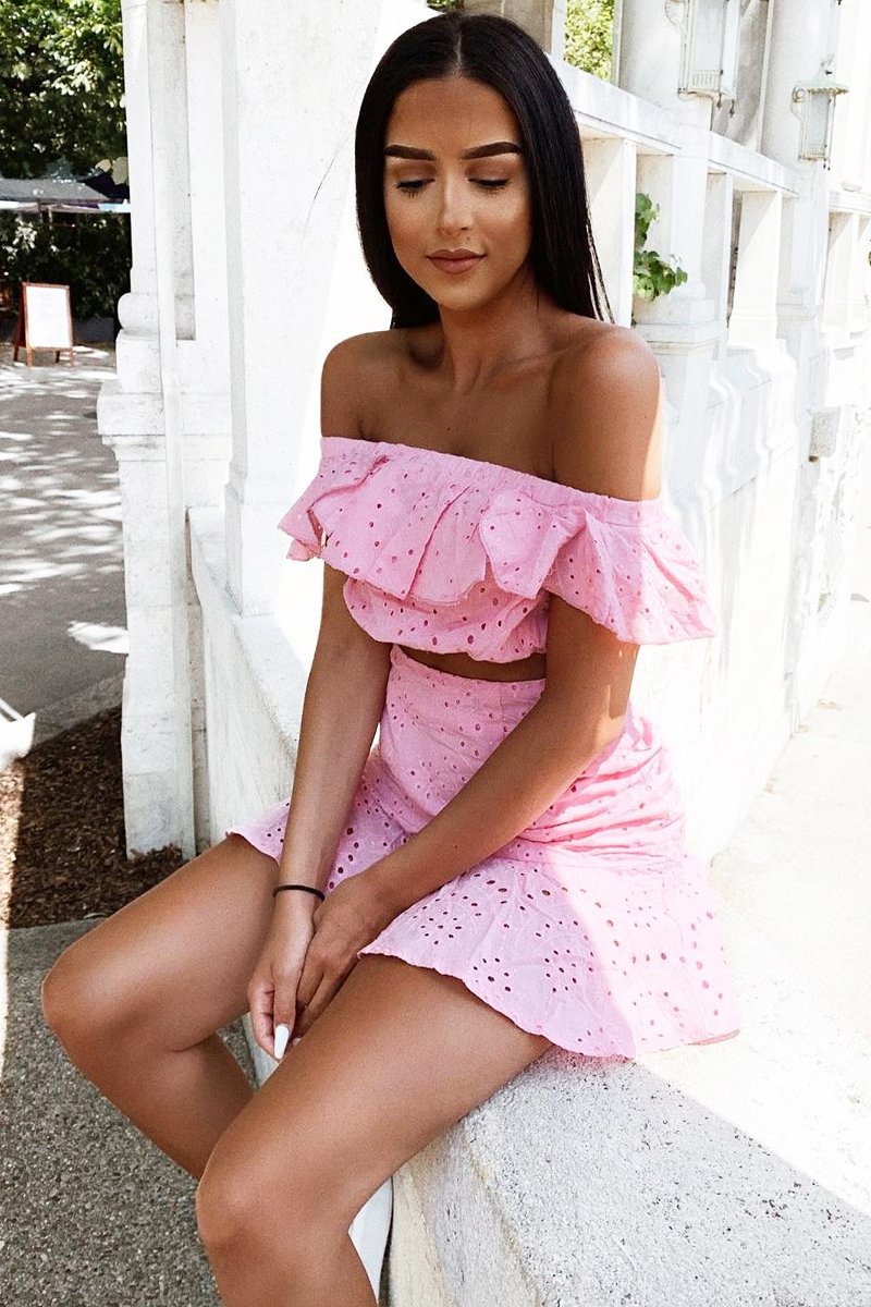 Pink Broderie Lace Bardot Crop Top Skirt Co-Ord - Dahlia-Co-ords