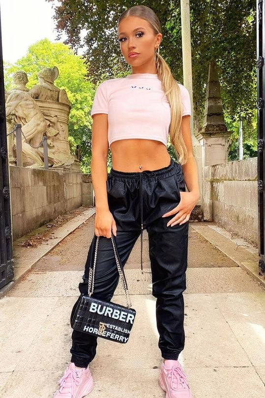 Pink Butterfly Ribbed Cropped T-shirt - Flissy