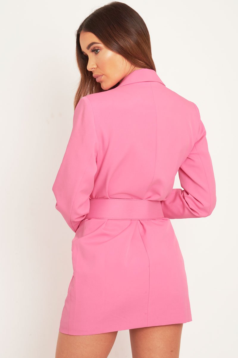 Pink Button Front Belted Blazer Dress - Justyne-Dresses