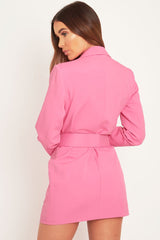 Pink Button Front Belted Blazer Dress - Justyne-Dresses
