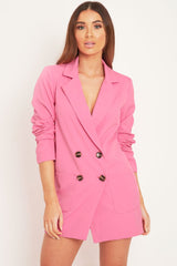 Pink Button Front Belted Blazer Dress - Justyne-Dresses