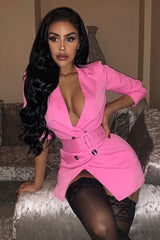 Pink Button Front Belted Blazer Dress - Justyne-Dresses
