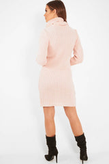 Pink Button Front Roll Neck Jumper Dress - Ericka-Dresses