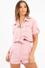 Pink Button Front Utility Shirt Shorts Co-ord - Galia-Co-ords