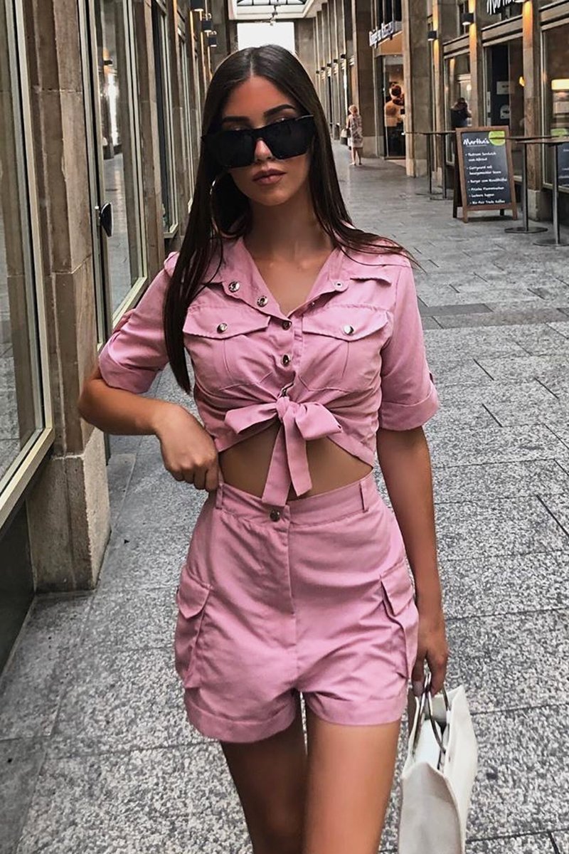 Pink Button Front Utility Shirt Shorts Co-ord - Galia-Co-ords