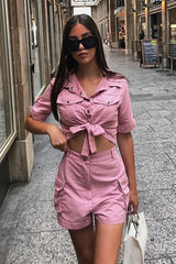 Pink Button Front Utility Shirt Shorts Co-ord - Galia-Co-ords