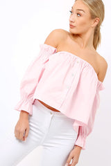 Pink Button Up Bardot Crop Top - LuLu-Crop Tops