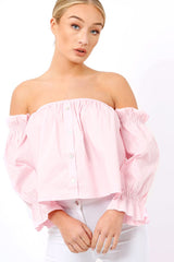 Pink Button Up Bardot Crop Top - LuLu-Crop Tops