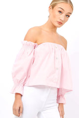 Pink Button Up Bardot Crop Top - LuLu-Crop Tops
