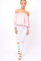 Pink Button Up Bardot Crop Top - LuLu-Crop Tops