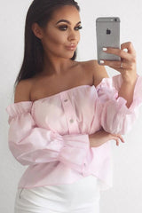 Pink Button Up Bardot Crop Top - LuLu-Crop Tops