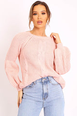 Pink Cable Knit Balloon Sleeve Jumper - Elicia-Jumper