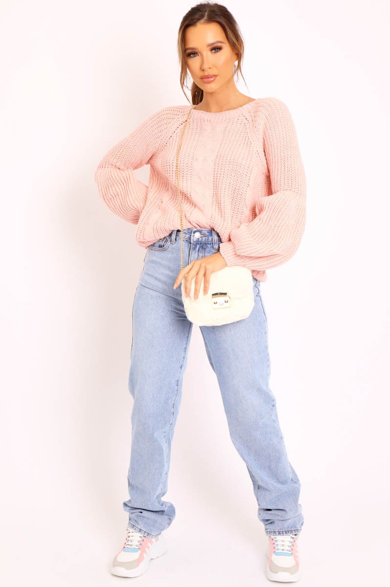 Pink Cable Knit Balloon Sleeve Jumper - Elicia-Jumper