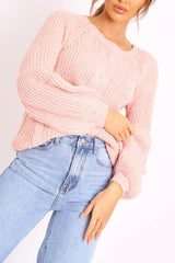 Pink Cable Knit Balloon Sleeve Jumper - Elicia-Jumper