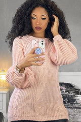 Pink Cable Knit Balloon Sleeve Jumper - Elicia-Jumper