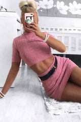 Pink Cable Knit Crop Top And Skirt Co-ord - Galiana-Co-ords