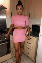 Pink Cable Knit Crop Top And Skirt Co-ord - Galiana-Co-ords