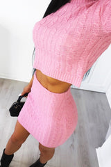 Pink Cable Knit Crop Top And Skirt Co-ord - Galiana-Co-ords