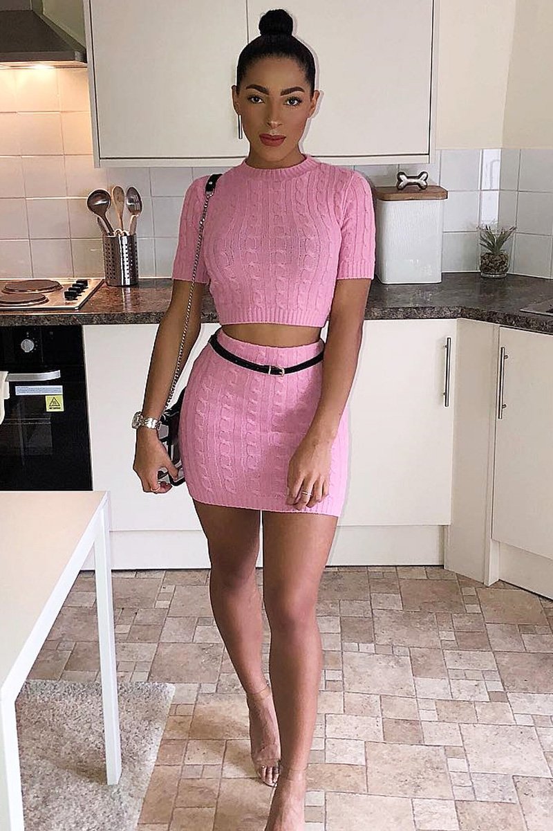 Pink Cable Knit Crop Top And Skirt Co-ord - Galiana-Co-ords