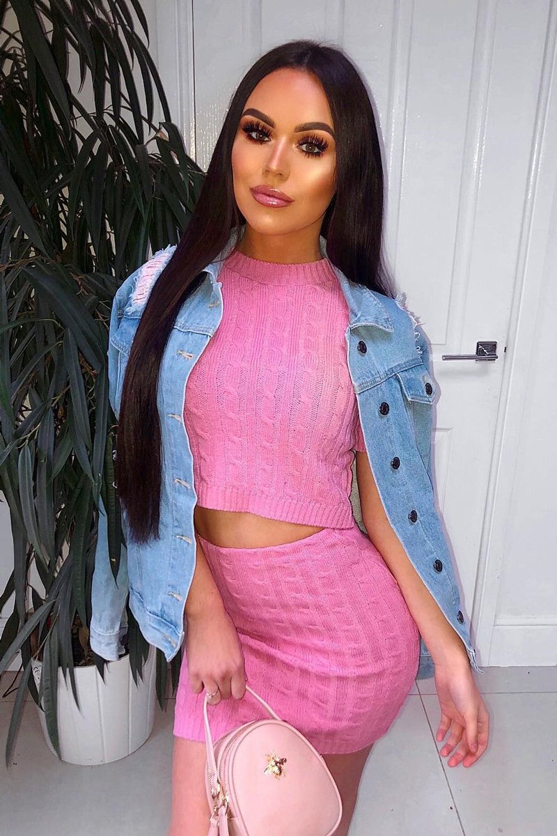 Pink Cable Knit Crop Top And Skirt Co-ord - Galiana-Co-ords