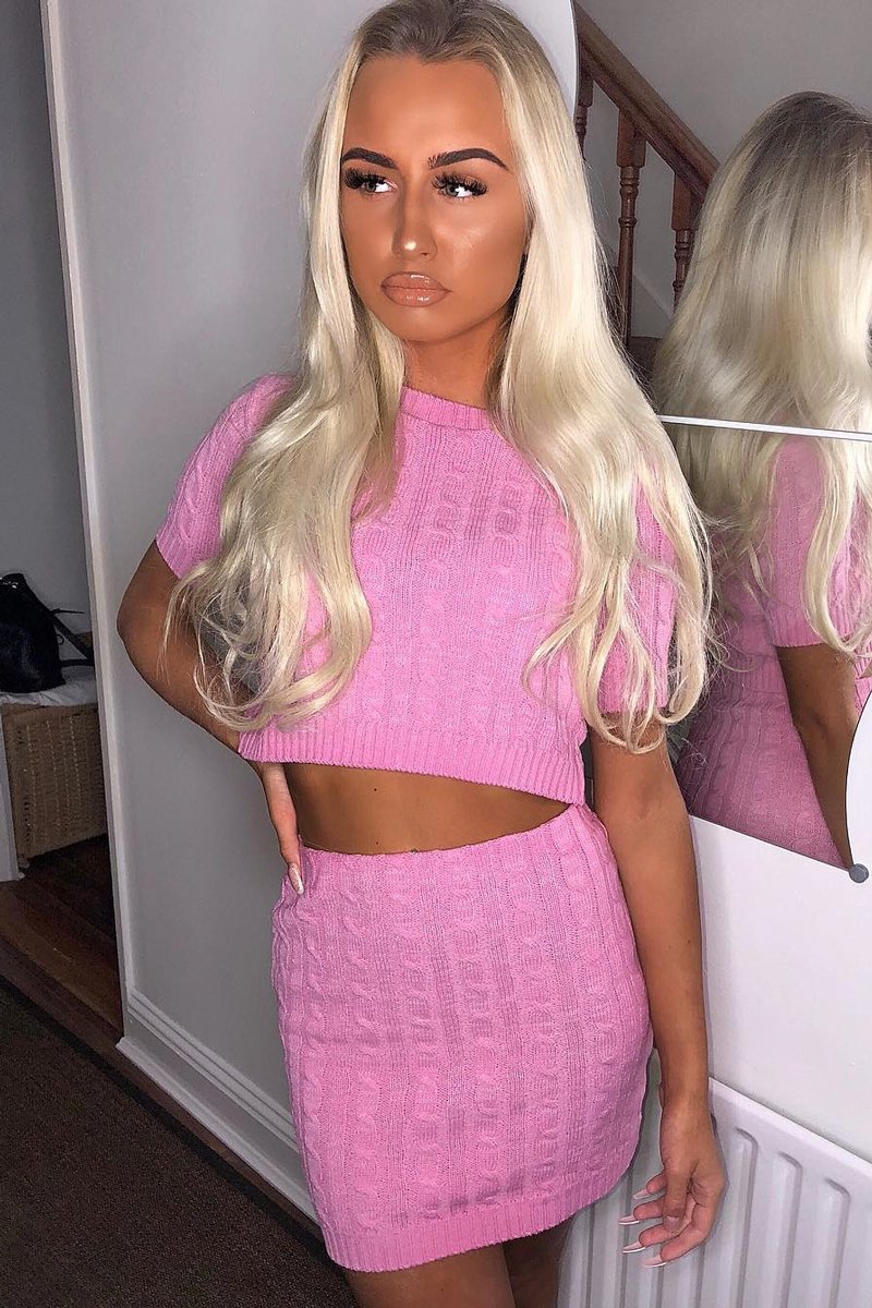 Pink Cable Knit Crop Top And Skirt Co-ord - Galiana-Co-ords