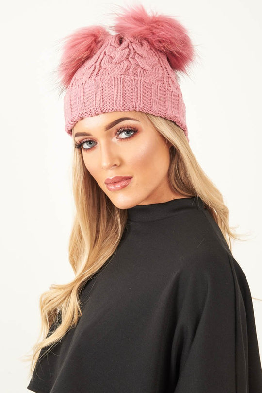 Pink Cable Knit Double Bobble Hat - Cheyann