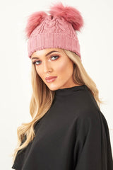 Pink Cable Knit Double Bobble Hat - Cheyann-Hats