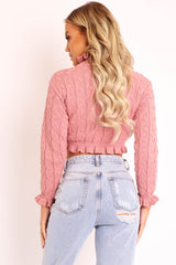 Pink Cable Knit Frill Neck Jumper - Jacie-Jumper