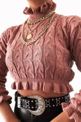 Pink Cable Knit Frill Neck Jumper - Jacie-Jumper