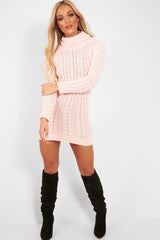 Pink Cable Knit Roll Neck Jumper Dress - Matilda-Dresses