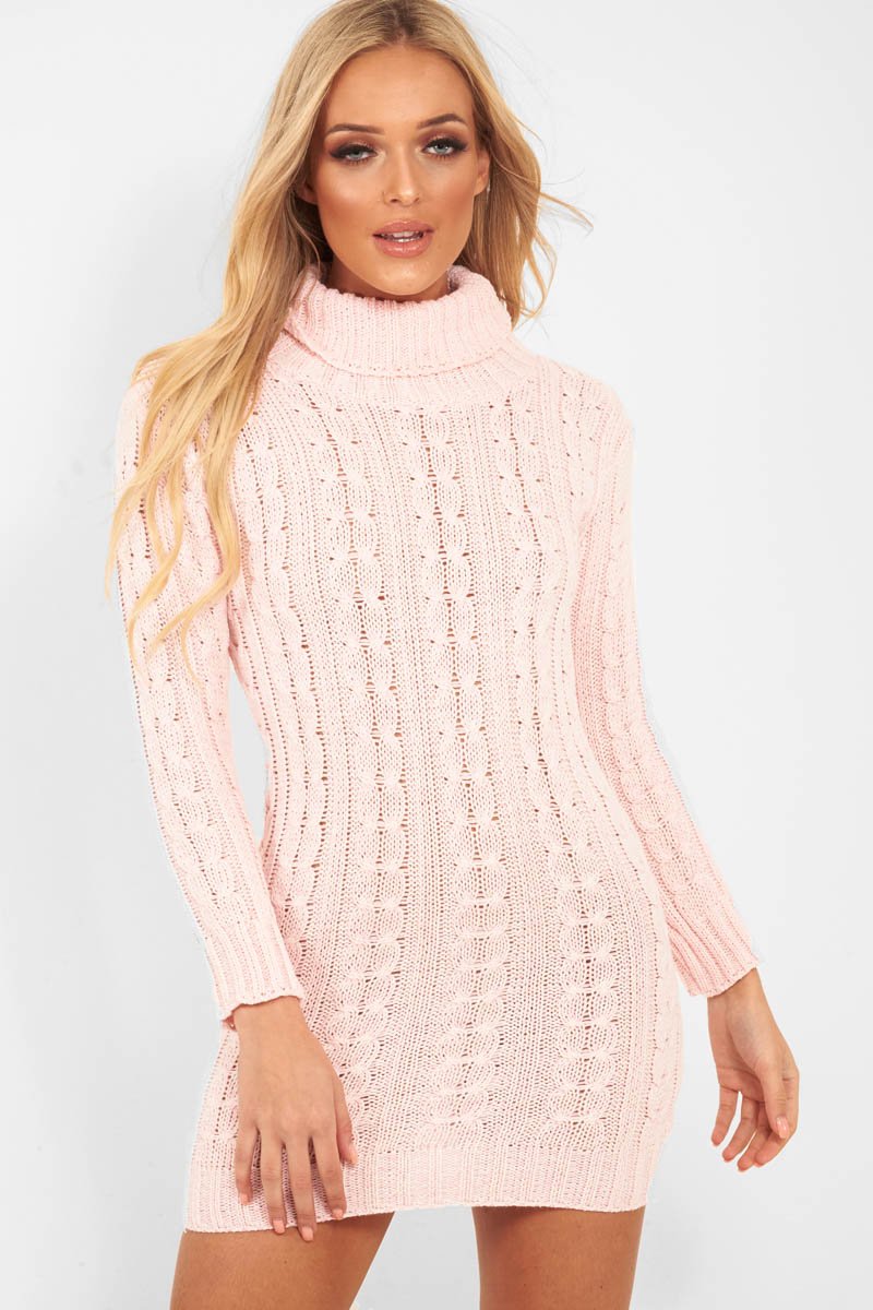 Pink Cable Knit Roll Neck Jumper Dress - Matilda-Dresses