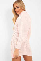 Pink Cable Knit Roll Neck Jumper Dress - Matilda-Dresses