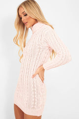 Pink Cable Knit Roll Neck Jumper Dress - Matilda-Dresses