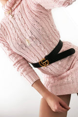 Pink Cable Knit Roll Neck Jumper Dress - Matilda-Dresses