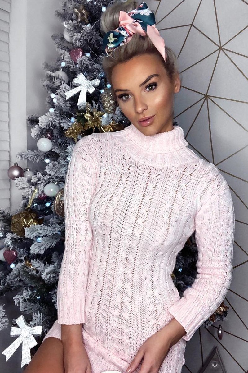 Pink Cable Knit Roll Neck Jumper Dress - Matilda-Dresses