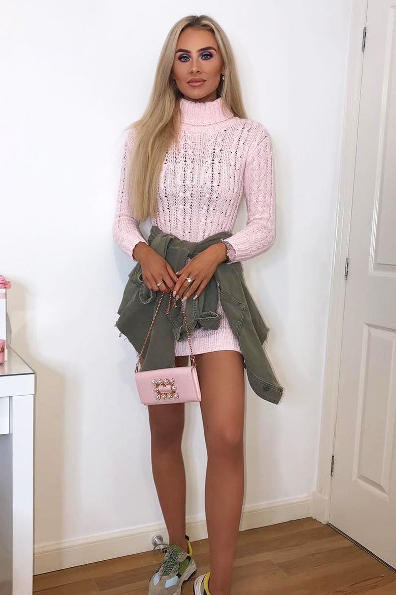 Pink Cable Knit Roll Neck Jumper Dress - Matilda-Dresses