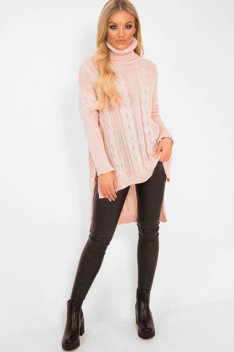 Pink Cable Knit Roll Neck Jumper - Laraina-Jumper