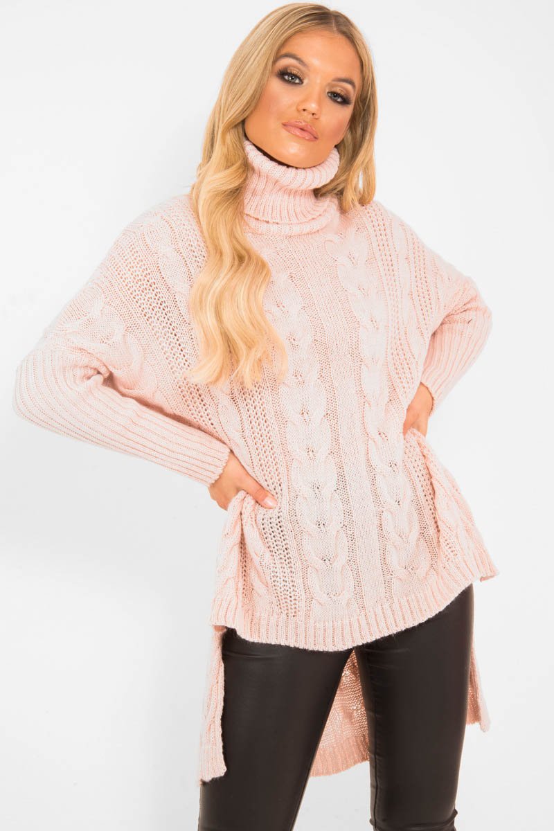 Pink Cable Knit Roll Neck Jumper - Laraina-Jumper