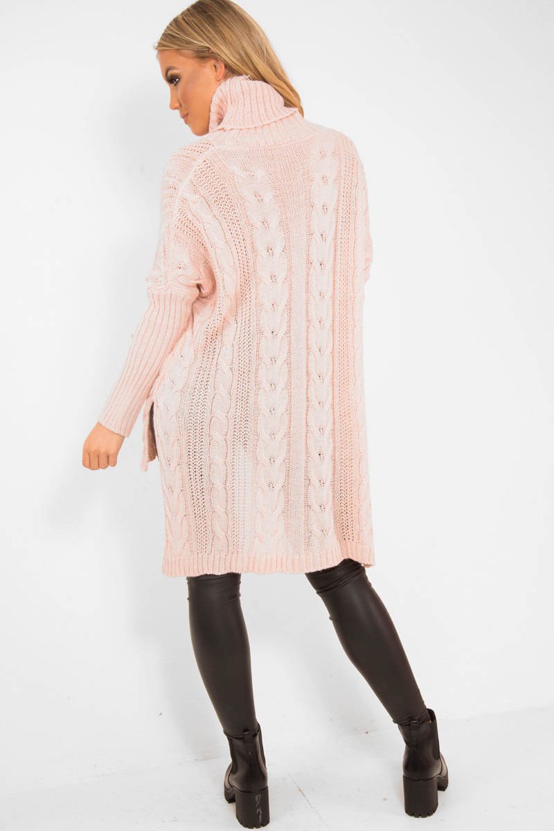 Pink Cable Knit Roll Neck Jumper - Laraina-Jumper